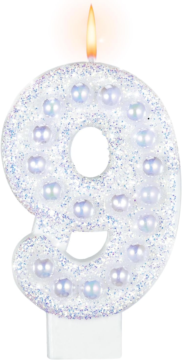 Birthday Candles, Number 9 Birthday Candle for Cake, Birthday Candles Sparklers with Holographic Colored Pearls, 3.35" Large Pearl Candles for Nine Sweet Birthday Party Decoration Supplies