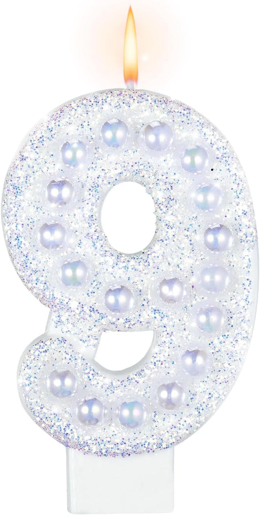 Birthday Candles, Number 9 Birthday Candle for Cake, Birthday Candles Sparklers with Holographic Colored Pearls, 3.35" Large Pearl Candles for Nine Sweet Birthday Party Decoration Supplies