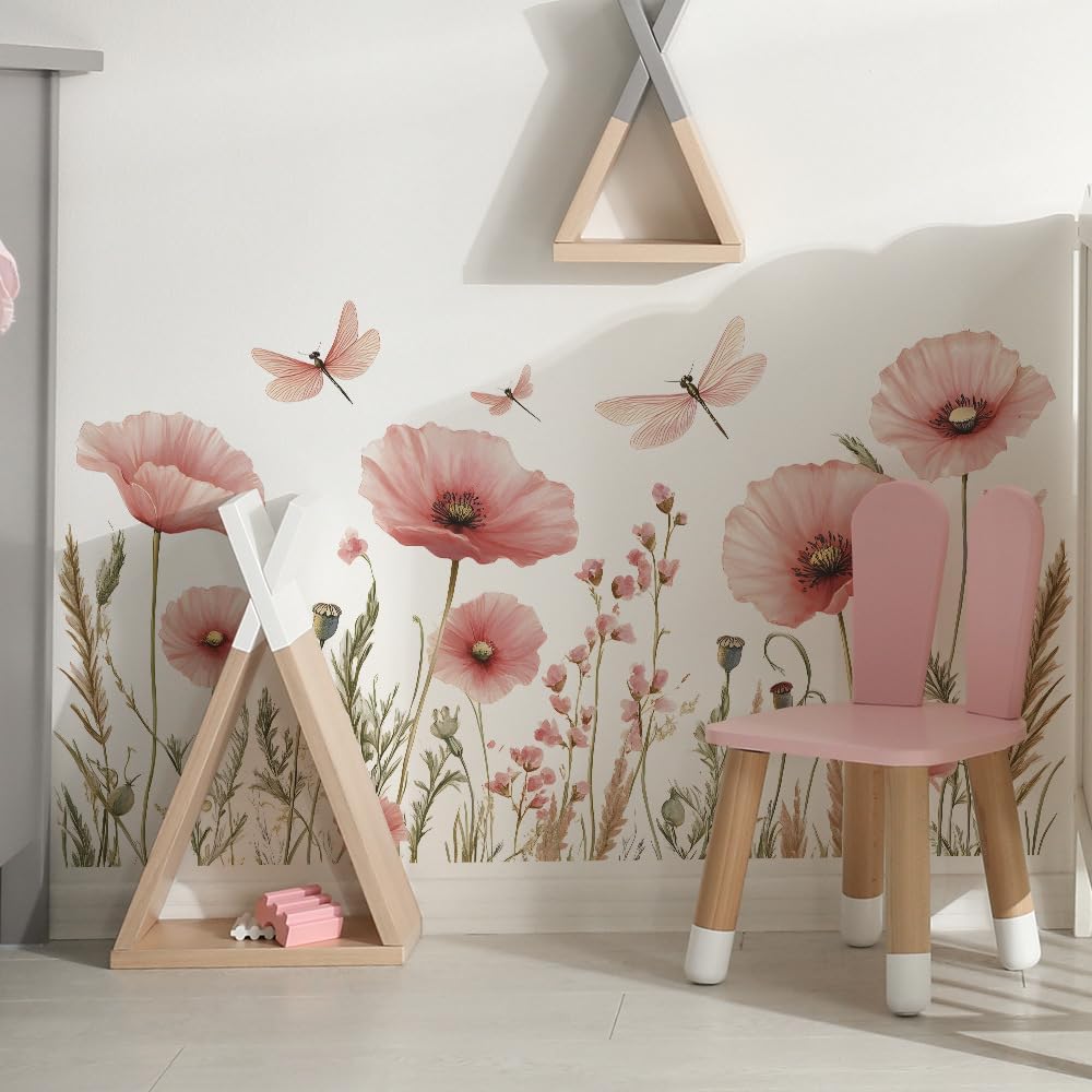 Watercolor Pink Flower Dragonfly Wall Stickers Botanical Removable Vinyl Wall Decals for Bedroom and Living Room