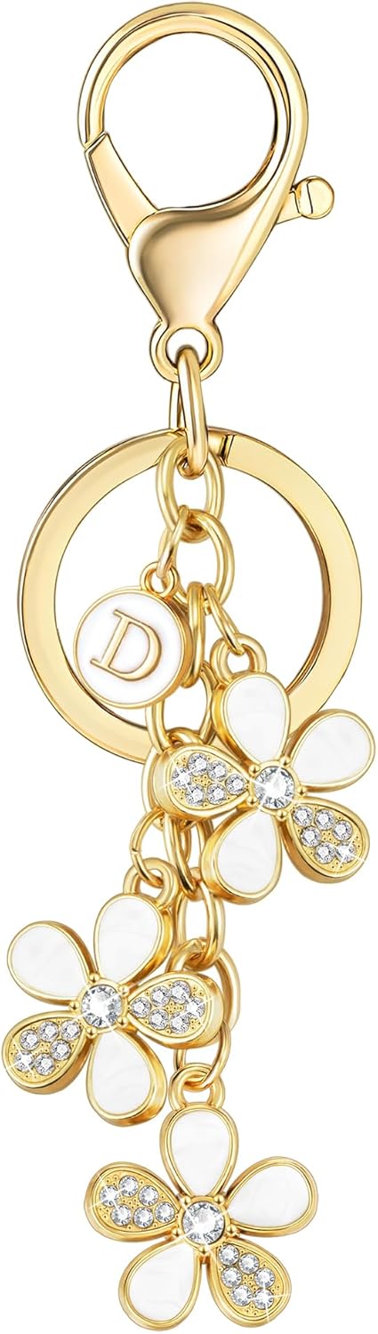 XGALBLA Cute Flower Crystals Rhinestone Initial Letter Keychain for Women, Bag Charms Bling Sparkly Enameled Keychain Handbag