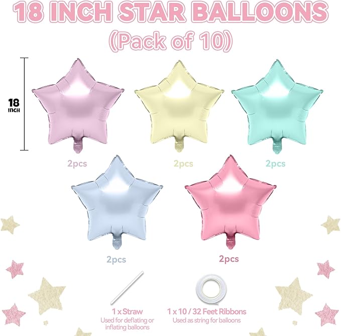 Biapian Pastel Star Foil Balloons, 10PCS Macaron Foil Stars Shape Balloon, 18 Inch Multicolor Stars Balloons for Helium Pentagram Balloon for Girls Boys Birthday, Baby Shower Wedding Party Decoration