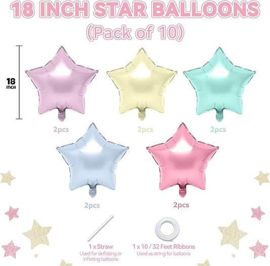 Biapian Pastel Star Foil Balloons, 10PCS Macaron Foil Stars Shape Balloon, 18 Inch Multicolor Stars Balloons for Helium Pentagram Balloon for Girls Boys Birthday, Baby Shower Wedding Party Decoration