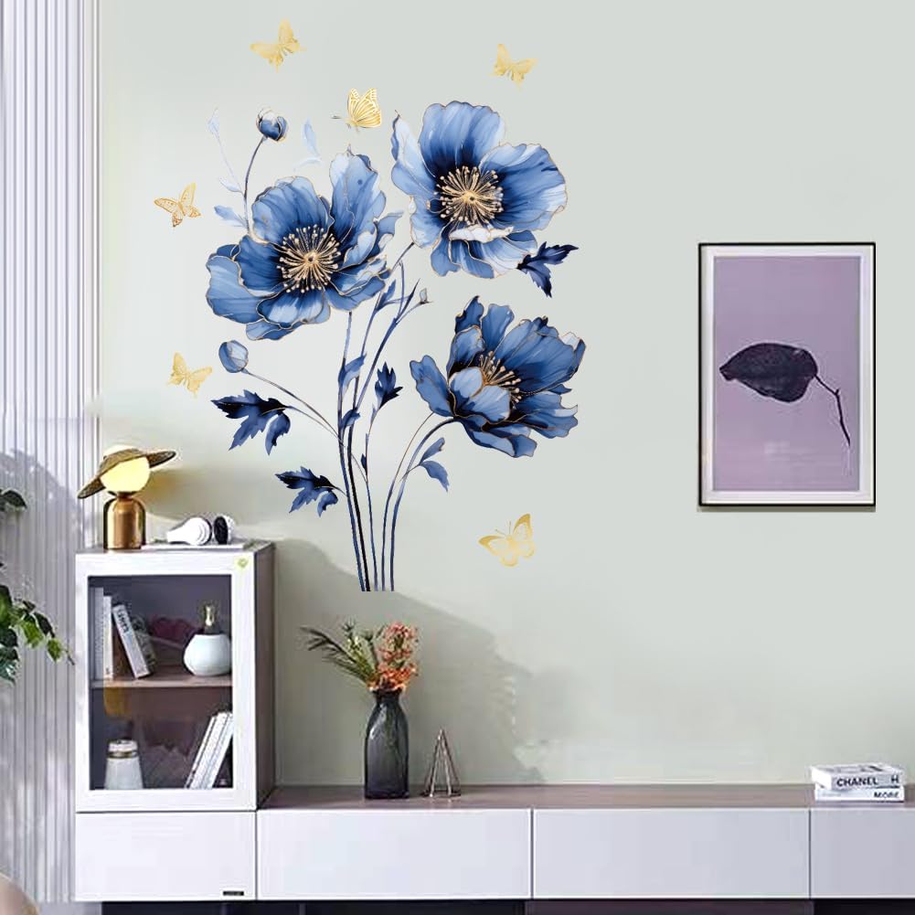 Wall Stickers Lotus Butterfly Wall Decals Watercolor Lotus Flowers Window Stickers Flowers & Gold Shining Butterfly Wall Posters Vinyl Blossom Art Wall Decal for Living Room Bedroom Home Decor