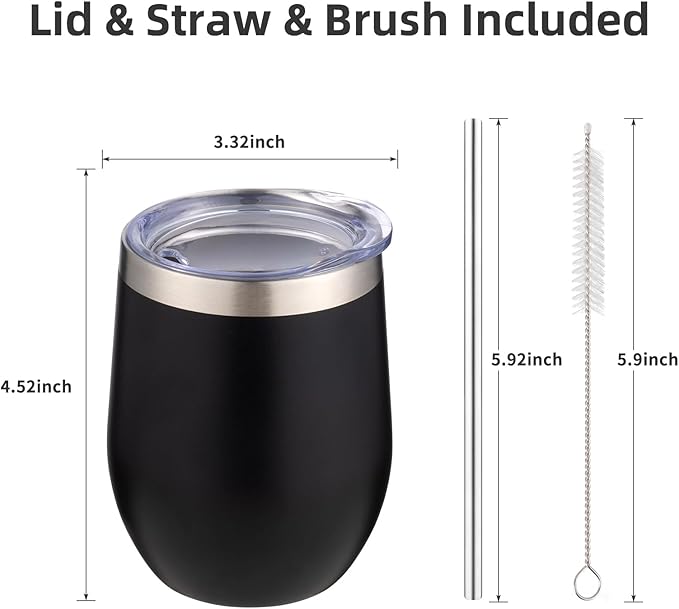 12 oz Insulated Wine Tumbler with Lid and Straw,Stainless Steel Stemless Wine Tumbler Glasses Double Wall Vacuum Wine Cups Tumbler Bulk for Coffee,Cocktail,Office(Black,8)