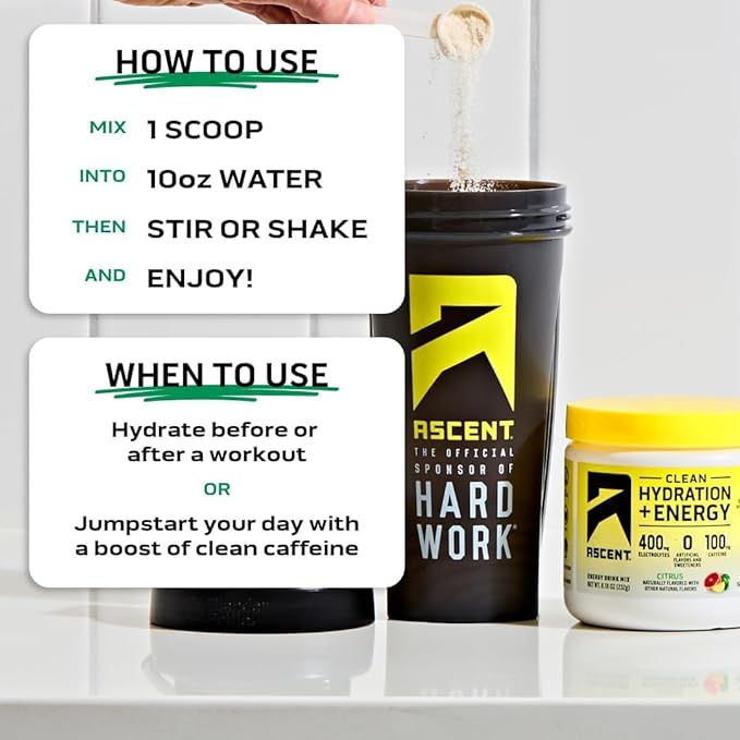 Ascent Clean Hydration + Energy Electrolytes Powder - 100mg Caffeine, 400mg Electrolytes, No Artificial Ingredients, Citrus 40 Servings