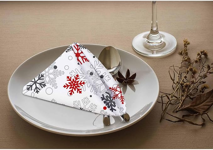 Christmas Snow Napkins Cloth Washable Set of 4 Snowflakes Red Gray Polyester Kitchen Dinner Napkins for Holiday Festive Wedding Decor 18 x 18 inch
