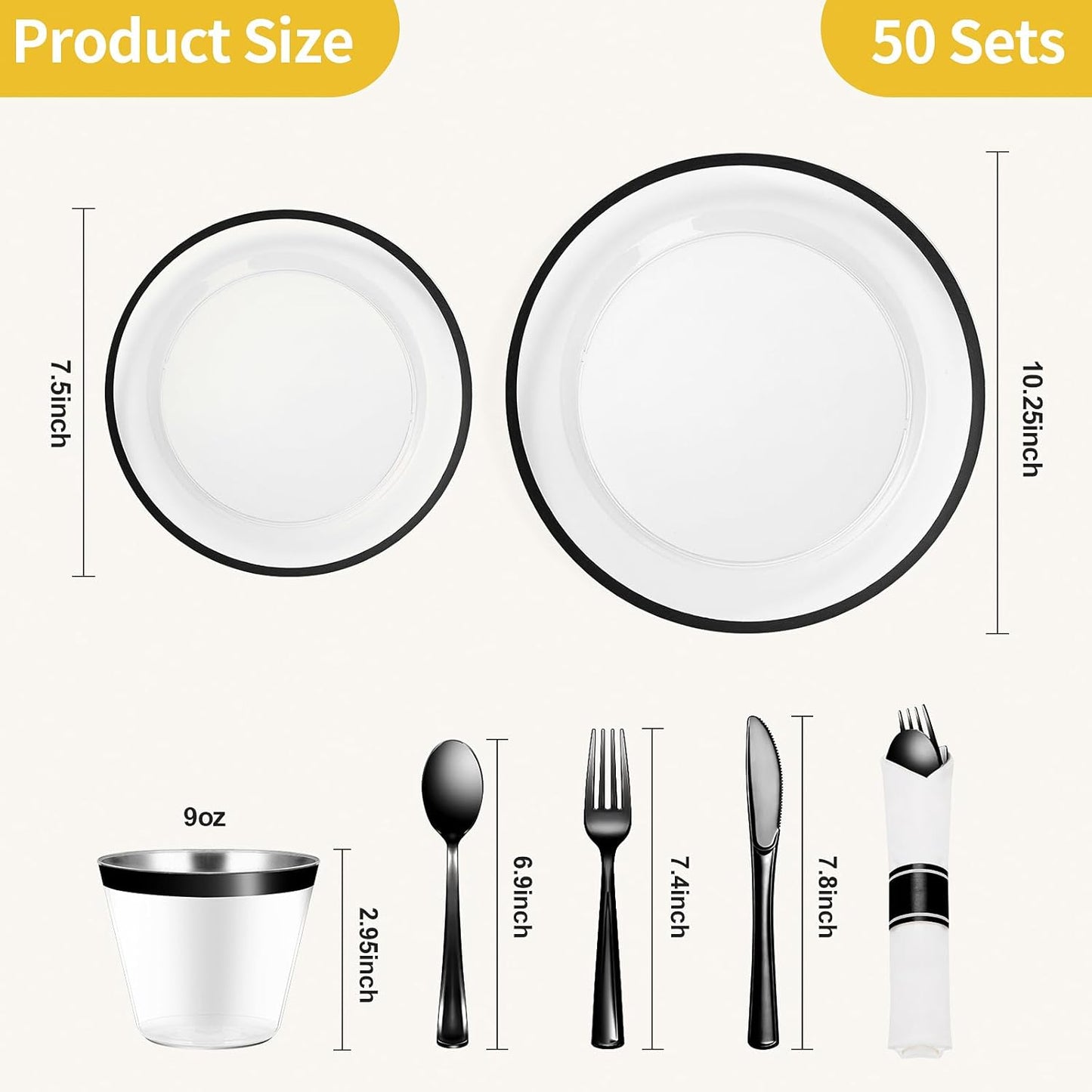 Goodluck 350 Piece Black Plastic Dinnerware Set for Party, Clear Disposable Plates for 50 Guests, Include: 50 Dinner Plastic Plates, 50 Dessert Plates, 50 Pre Rolled Napkins with Cutlery Set, 50 Cups