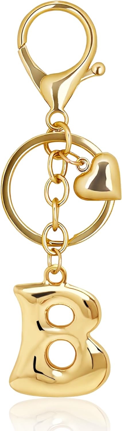 Gold Bubble Heart Initial Bag Charms for Handbags – Cute Initial Letter Keychain for Women, Purse Charms, Gold Gift