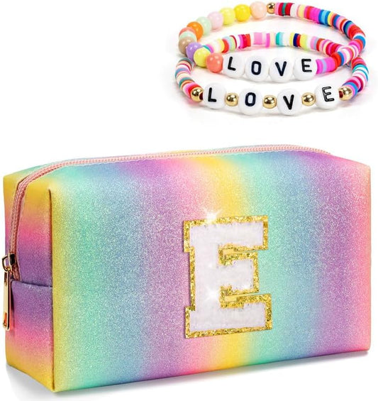 Kindergarten Graduation Gifts for 4 5 6 7 8 9 10 11 12 Year Old Girls, Initial Makeup Toiletry Bag with Friendship Bracelets for Kids, Birthday Gifts, Spa Stuff, Letter Zipper Pouch (Medium)