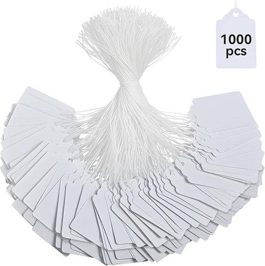 Brothersbox Price Tags with String Attached, 1000pcs White Marking Merchandise Strung Writable Label Hang Tags for Pricing Gift Jewelry Clothing Yard Sale Garage Supplies 1.75 x 1.093 inch