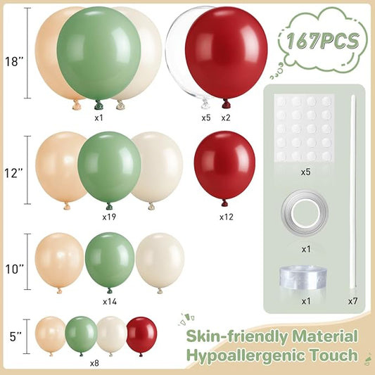 Red Green Nude White Balloon Garland Arch Kit, 167Pcs latex Balloons Different Sizes 18 12 10 5 inch for Birthday Baby Shower Wedding New Year Xmas Holiday Party Decorations