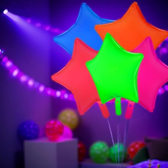 Mega-L Glow in the Dark Party Supplies, 5 Pcs Neon Star Balloons Set – Fluorescent Red, Lemon Yellow, Fuchsia, Blue and Orange Balloons Perfect for Birthday, Wedding, Anniversary, Graduation Party