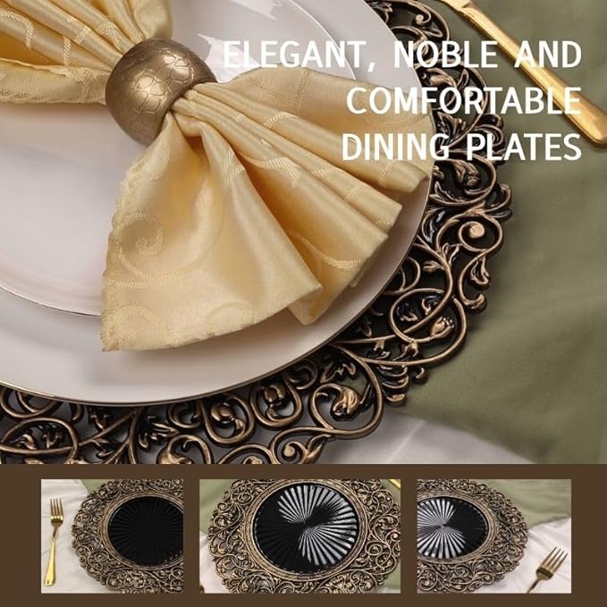 13inch Round Plastic Charger Plates,Set of 8,Charger Plates for Dinner,Wedding,Party,Event Decoration. (Black gold edge) …