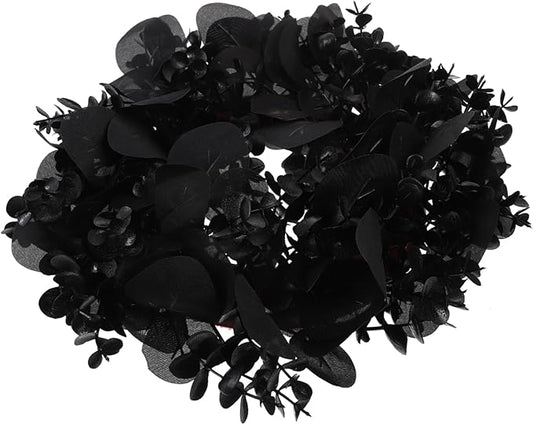 STOBAZA Halloween Eucalyptus Leaf Wreath Black Artificial Decorations Front Door Hanging Garland Eucalyptus Leaves Garland Halloween Theme Decor