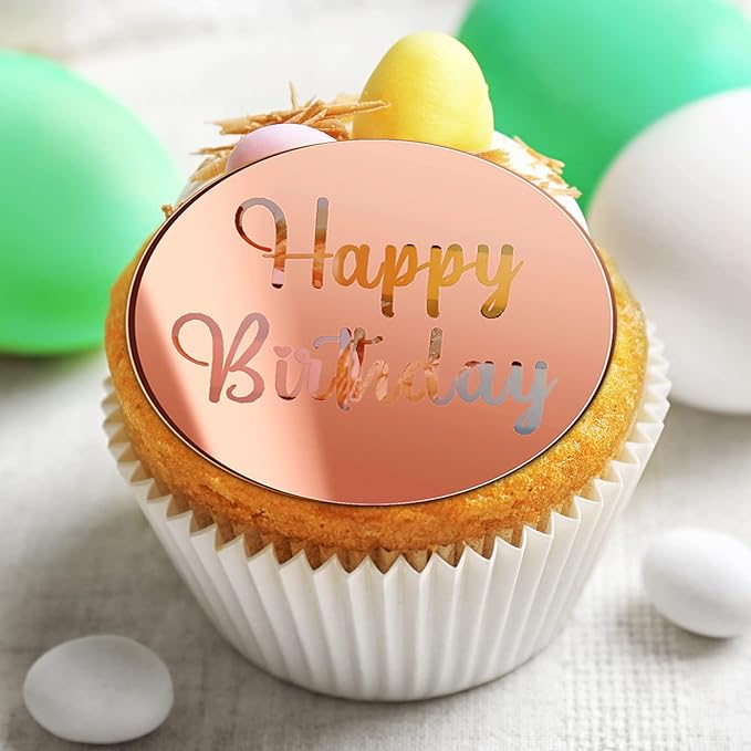 Qunclay 30 Pcs Happy Birthday Acrylic Cake Toppers, Mirror Acrylic Cupcake Toppers, 3 Multi-shape & Gold Rose Gold Silver Cupcake Picks for Birthday Party Pastries Decor DIY Supplies(Round)