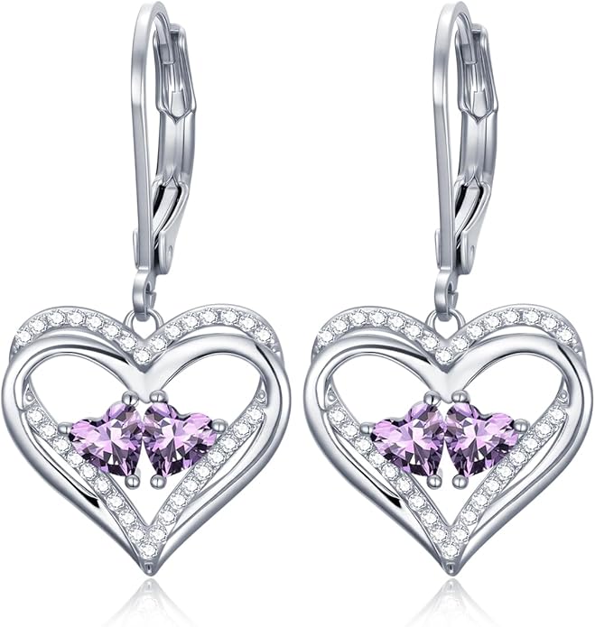 Valentines Day Gifts for Women, Heart Leverback Earrings Double Birthstone Dangle Earrings for Women, Love Jewelry for Her, Anniversary Birthday Gift for Mom Wife Girlfriend
