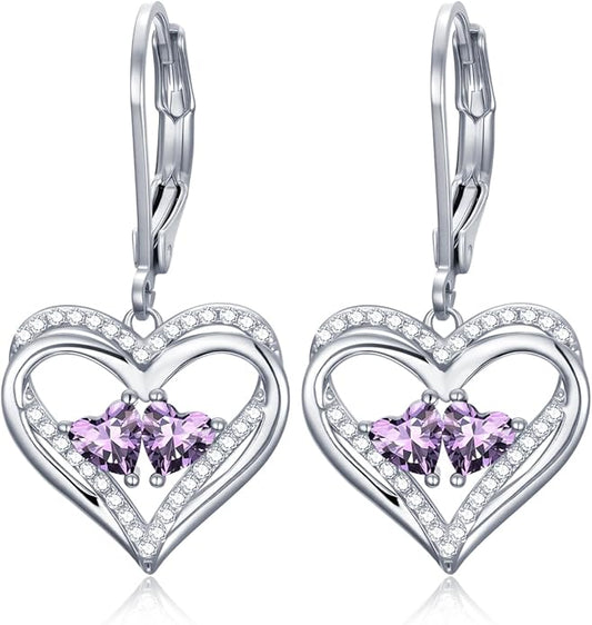 Valentines Day Gifts for Women, Heart Leverback Earrings Double Birthstone Dangle Earrings for Women, Love Jewelry for Her, Anniversary Birthday Gift for Mom Wife Girlfriend