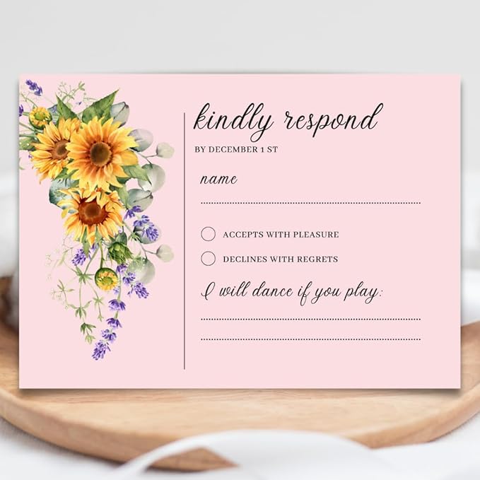 Preprinted Purple and Yellow Sunflower Wedding or Party RSVP Cards, Personalized Response Card Glossy Finish With White Envelopes, Set of 15 with Envelope, 5x3.5 inch Cards (Pink)