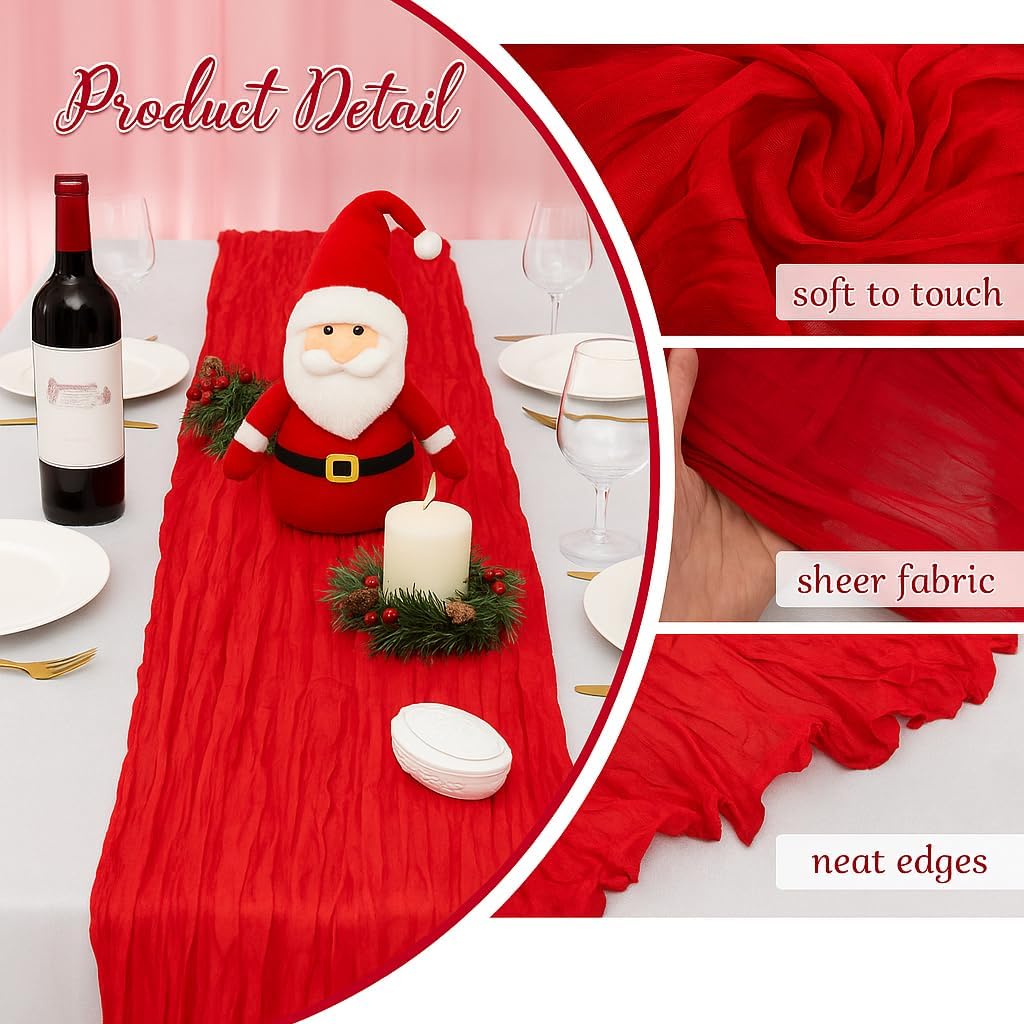 6 Pack Christmas Table Runner Red Cheesecloth Table Runner, 120 Inch Boho Gauze Table Runner, Rustic Sheer Cheese Cloth Fabric for Wedding Bridal Baby Shower Party Centerpiece Home Decor