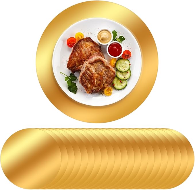 100PCS Gold Paper Placemats for Dinner Plates, 13 Inch Round Disposable Chargers, Shiny Holiday Place Mat for Dining Table Setting Valentine's Day Weddings Birthday Parties Kitchen Banquet Decor