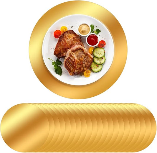 100PCS Gold Paper Placemats for Dinner Plates, 13 Inch Round Disposable Chargers, Shiny Holiday Place Mat for Dining Table Setting Valentine's Day Weddings Birthday Parties Kitchen Banquet Decor