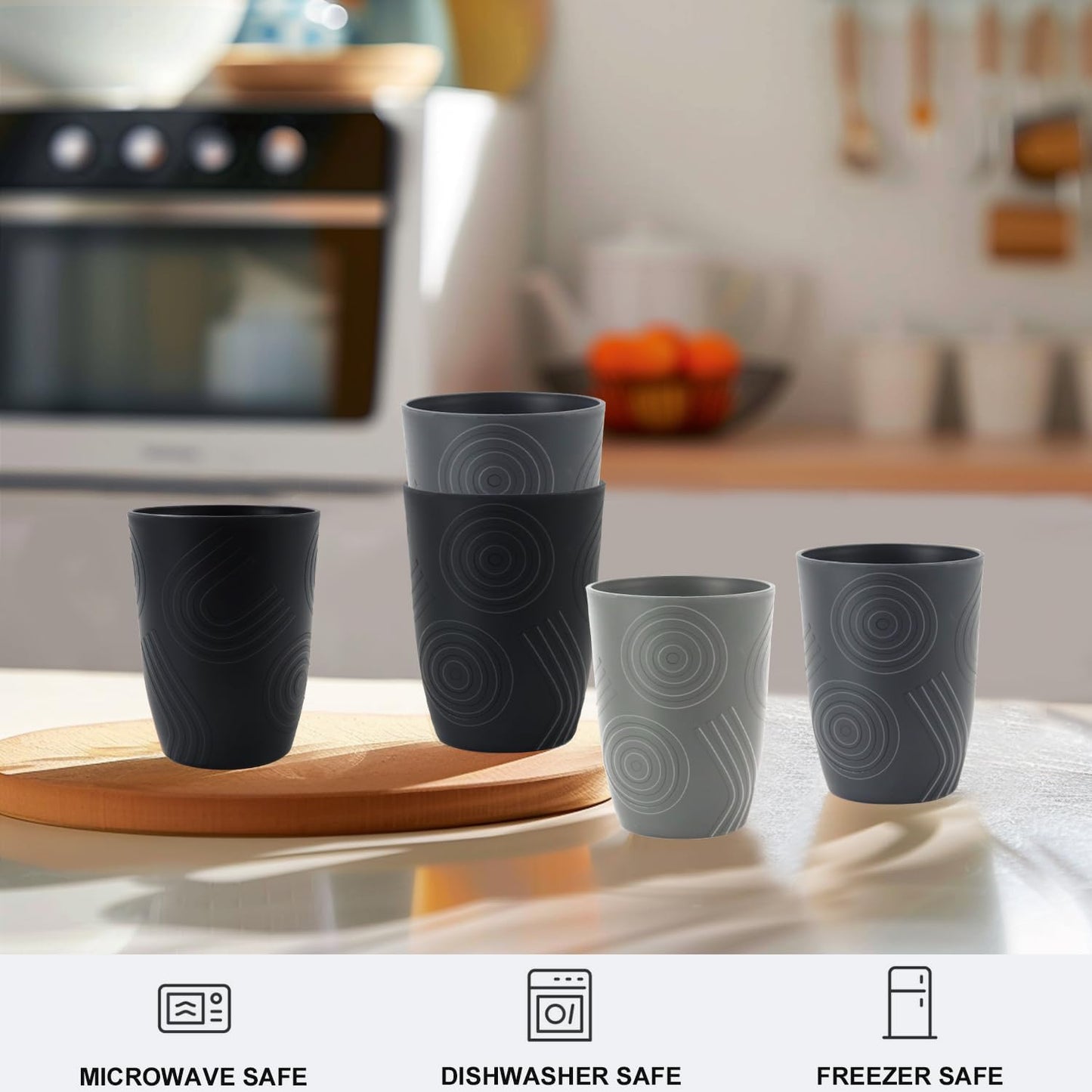 6 Pack Wheat Straw Cups 12 oz, Plastic Cups Reusable Drinking Glasses, Small Kids Cup, Unbreakable Water Tumblers Set Kitchen Cup Dishwasher Safe (Black, Grey)