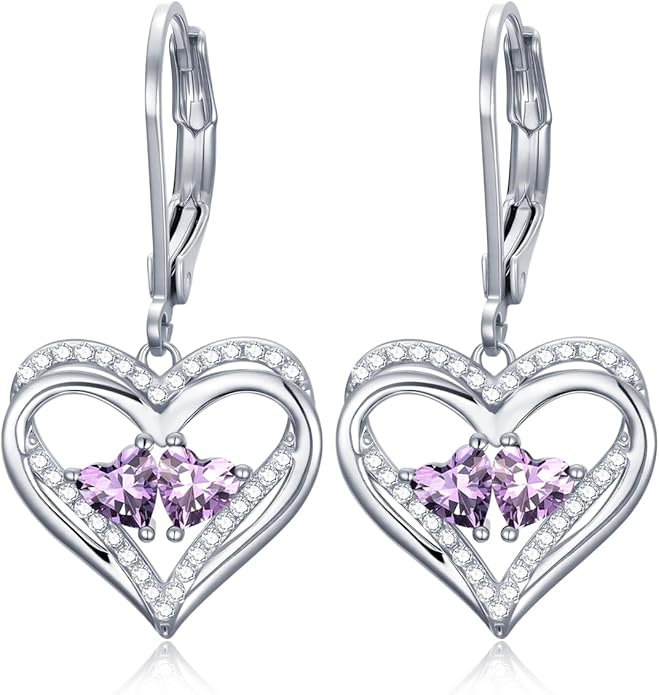 Valentines Day Gifts for Women, Heart Leverback Earrings Double Birthstone Dangle Earrings for Women, Love Jewelry for Her, Anniversary Birthday Gift for Mom Wife Girlfriend