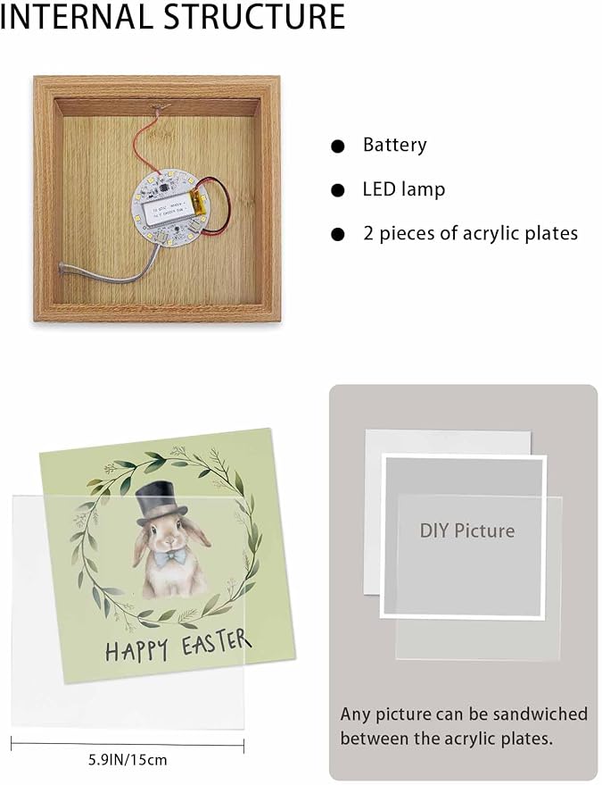 Happy Easter Bunny Garland Wooden LED Night Light USB Rechargeable Dimmable Touch Table Light for Home Decor Pastoral Eucalyptus Leaf Wood Picture Frame Box,6.5X6.5IN