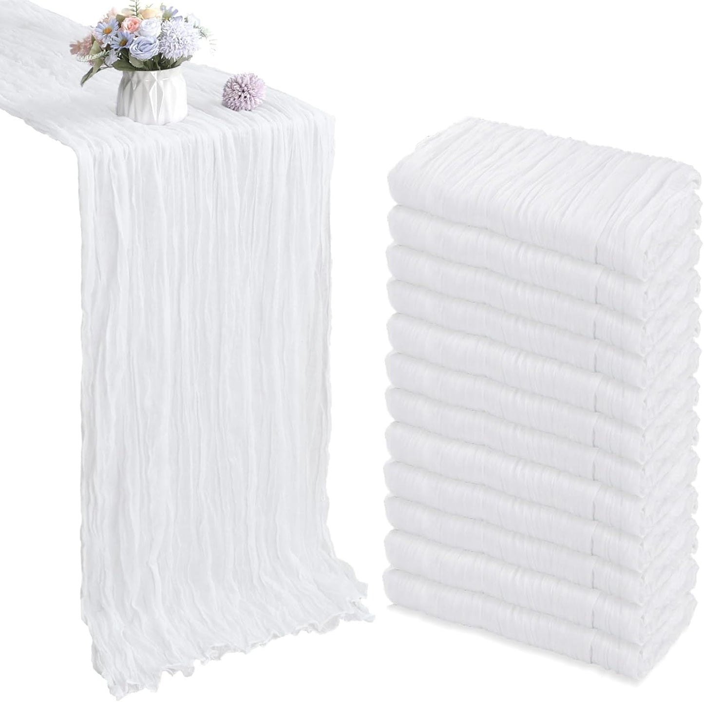 12 Pack 10FT White Cheesecloth Table Runner 35x120 Inch Gauze Rustic Boho Table Runner Cheese Cloth for Wedding Decor Birthday Party Bridal Baby Shower Table Centerpiece Decoration
