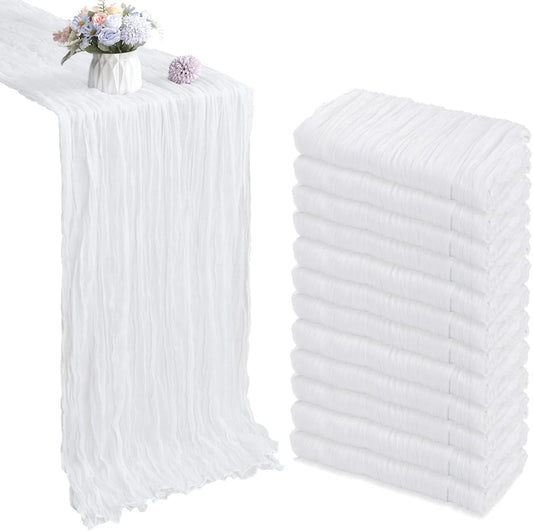 12 Pack 10FT White Cheesecloth Table Runner 35x120 Inch Gauze Rustic Boho Table Runner Cheese Cloth for Wedding Decor Birthday Party Bridal Baby Shower Table Centerpiece Decoration