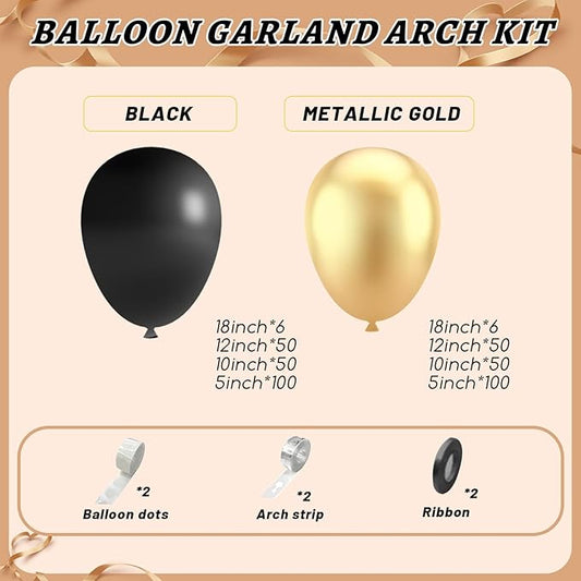 412Pcs Black and Gold Balloons Garland Arch Kit,18 12 10 5 Inch Different Size Black and Metallic Gold Balloons for Graduation Birthday Wedding Party Decorations