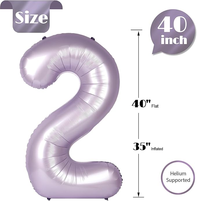 Lilac 2 Balloon, Number Balloons 40 Inch, 2nd Balloon Number Birthday Decorations, Lavender Second Two Birthday Party Supplies, Number 2 Balloon