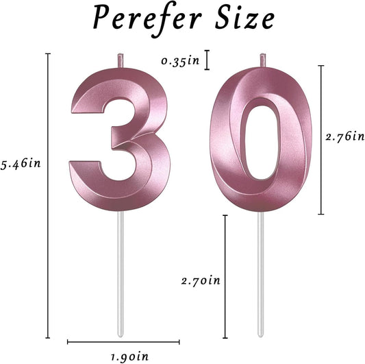 Pink Number 30 Candles, 3D Diamond 2.76 Inch Cake Topper Birthday Candles for Wedding Anniversary Cake Decorations, Happy Birthday Party Decorations