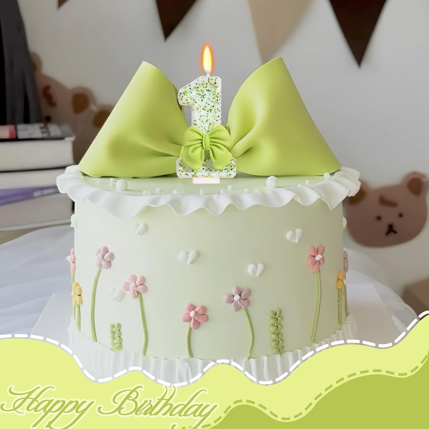 Birthday Candle for Cake, Green Bow Number Cake Candles, 2.76 inch Cake Topper Decoration for Birthday Party (Number 1)