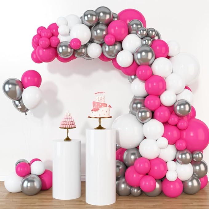HOUSE OF PARTY Pink Party Decorations - Pink White Silver Balloon Arch Kit 18/12/10/5 Inch | Backdrop for Valentines, Bachelorette, Gilrs, Women Birthday Party Decorations