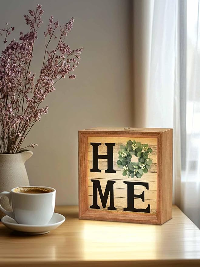 Wood Night Light Box 4.5x4.5in,Home Green Eucalyptus Wreath Table Lights Wooden Picture Frame with USB Rechargeable Touch LED Lights for Home Decor Desktop Display,Farm Vintage Wood Board