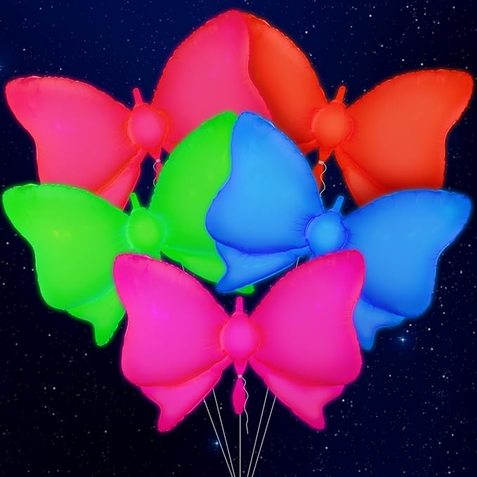Mega-L Glow in the Dark Party Supplies, 5 Pcs Neon Bow Balloons Set – Fluorescent Red, Lemon Yellow, Fuchsia, Blue and Orange Balloons Perfect for Birthday, Wedding, Anniversary, Graduation Party