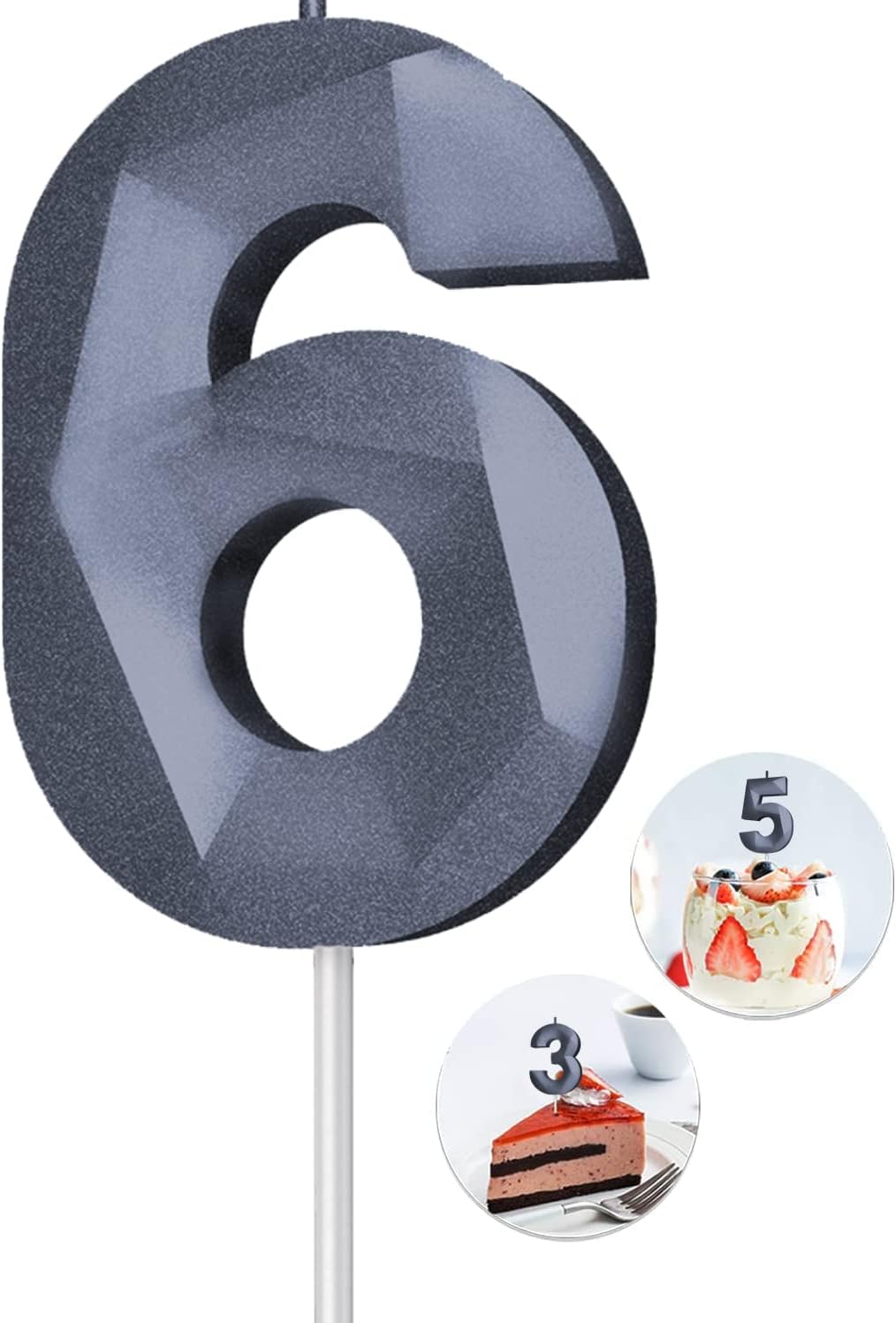 Number Birthday Candles(6 Candle Black) 3D Diamond Shape 6th Happy Birthday Cake Topper Decorations for Boy Men Birthday Wedding Anniversary Celebration Theme Party Supplies