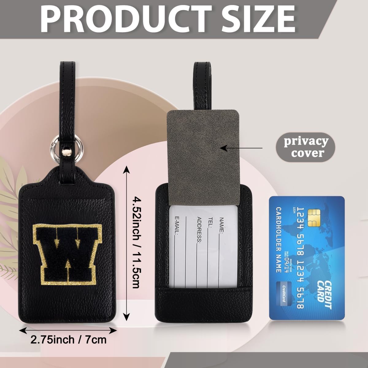 Personalized Initial Luggage Tags for Suitcases, Leather Chenille Letter Cute Luggage Tags with Privacy Name Card, Embroidered Travel Bag Backpack Tags Gifts for Women Kids Girls Teens(Black-W)