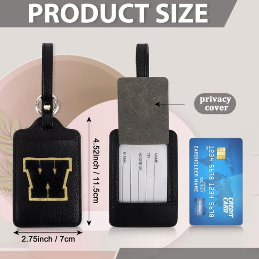 Personalized Initial Luggage Tags for Suitcases, Leather Chenille Letter Cute Luggage Tags with Privacy Name Card, Embroidered Travel Bag Backpack Tags Gifts for Women Kids Girls Teens(Black-W)