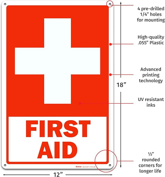Brimar - 12 x 18" - First Aid Sign - .055″ Polyethylene Plastic - Clear Message - Standard Size