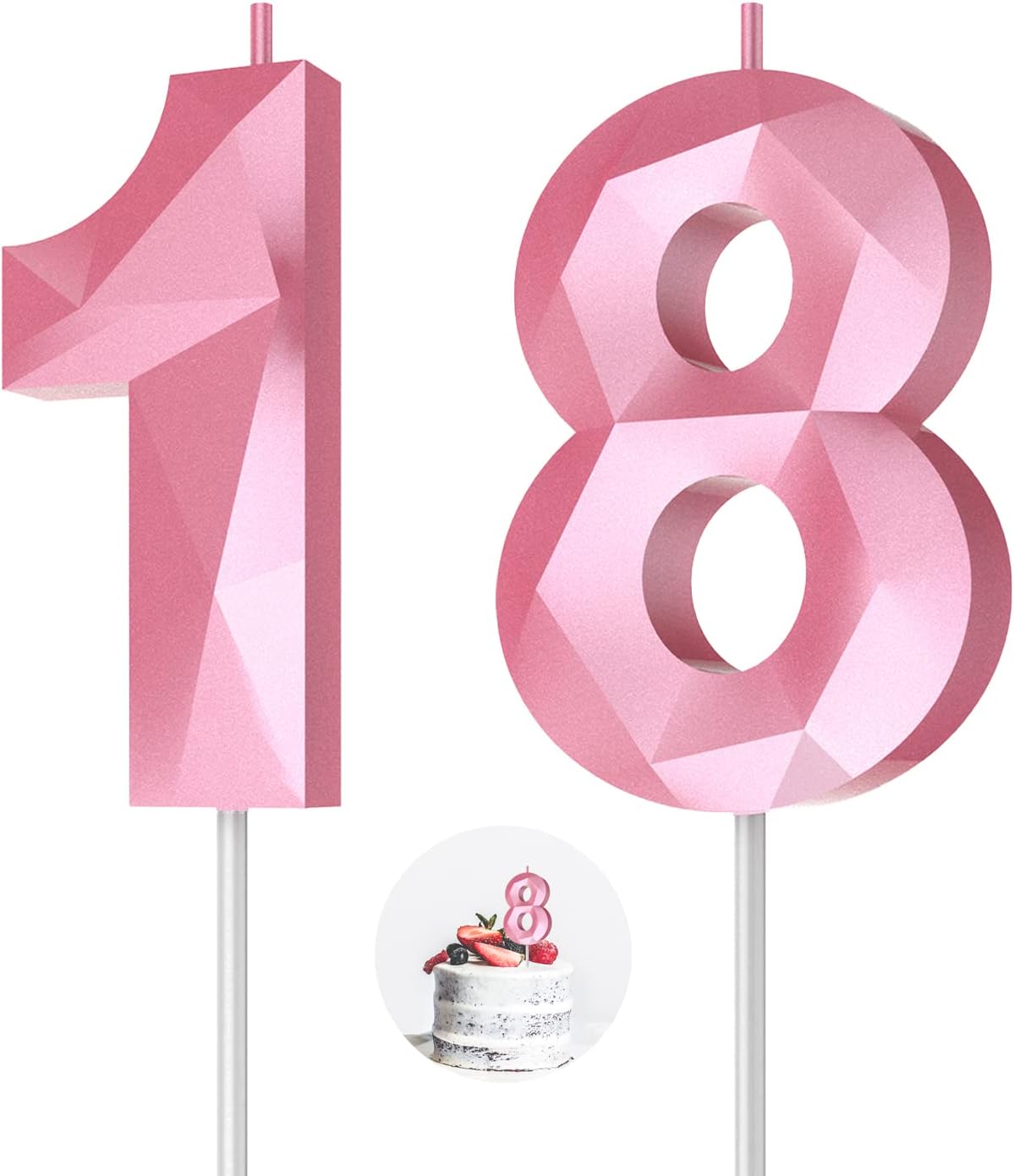 Number Birthday Candles(18 Candle Pink) 3D Diamond Shape 18th Happy Birthday Cake Topper Decorations for Girl Women Birthday Wedding Anniversary Celebration Theme Party Supplies
