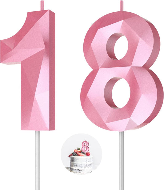 Number Birthday Candles(18 Candle Pink) 3D Diamond Shape 18th Happy Birthday Cake Topper Decorations for Girl Women Birthday Wedding Anniversary Celebration Theme Party Supplies