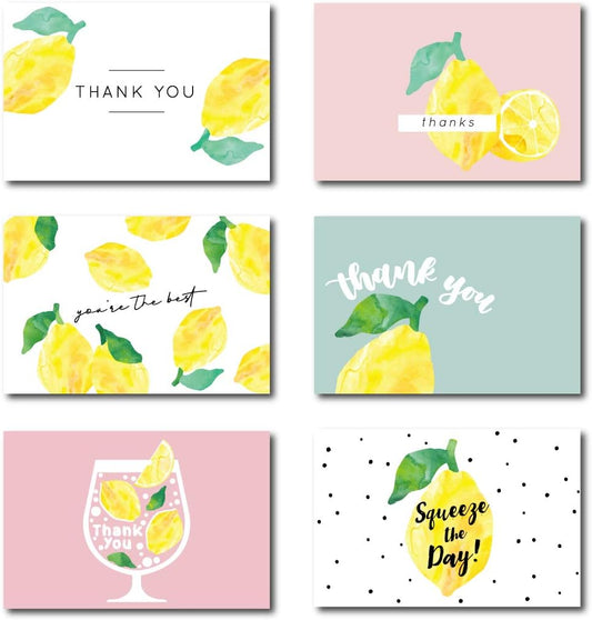 Gooji 4x6 Lemon Thank You Cards (Bulk 36-Pack) Matching Peel-and-Seal White Envelopes Assorted Set Birthday Party, Bridal Shower, Baby Shower, Weddings, Graduation Blank Notes