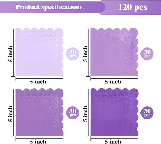 120PCS Gradient Purple Cocktail Party Napkins, Purple Scalloped Beverage Dessert Paper Napkin for Birthday Wedding