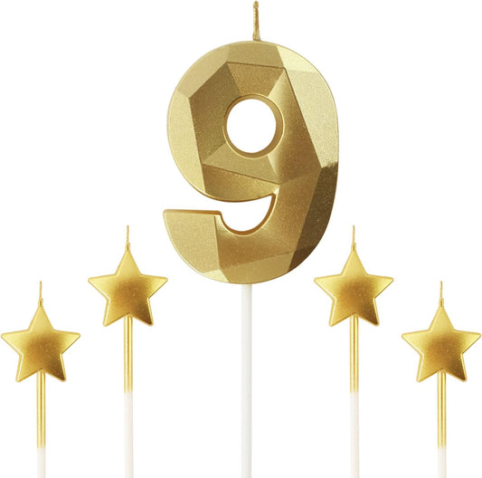 Golden Number 9 2.76 inch 3D Diamond Shaped Birthday Candles for Parties and Cake Decorations