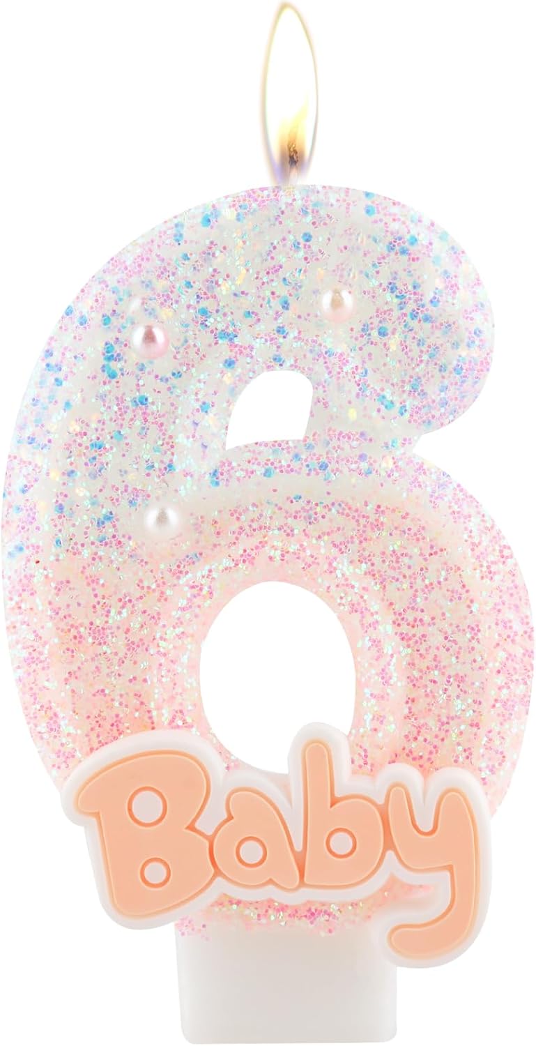 Pink Baby Birthday Number Candles, Birthday Candles for Cake, Glitter Number 6 Cake Topper with Sequins for Girls, Baby Baptism Party Cake Decorations