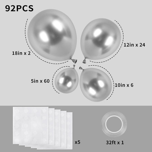 RUBFAC 92pcs Silver Balloons Different Sizes 5/10/12/18 Inch Metallic Silver Balloon Garland for Happy New Year Decorations Birthday Wedding Baby Shower Graduation Party Decorations
