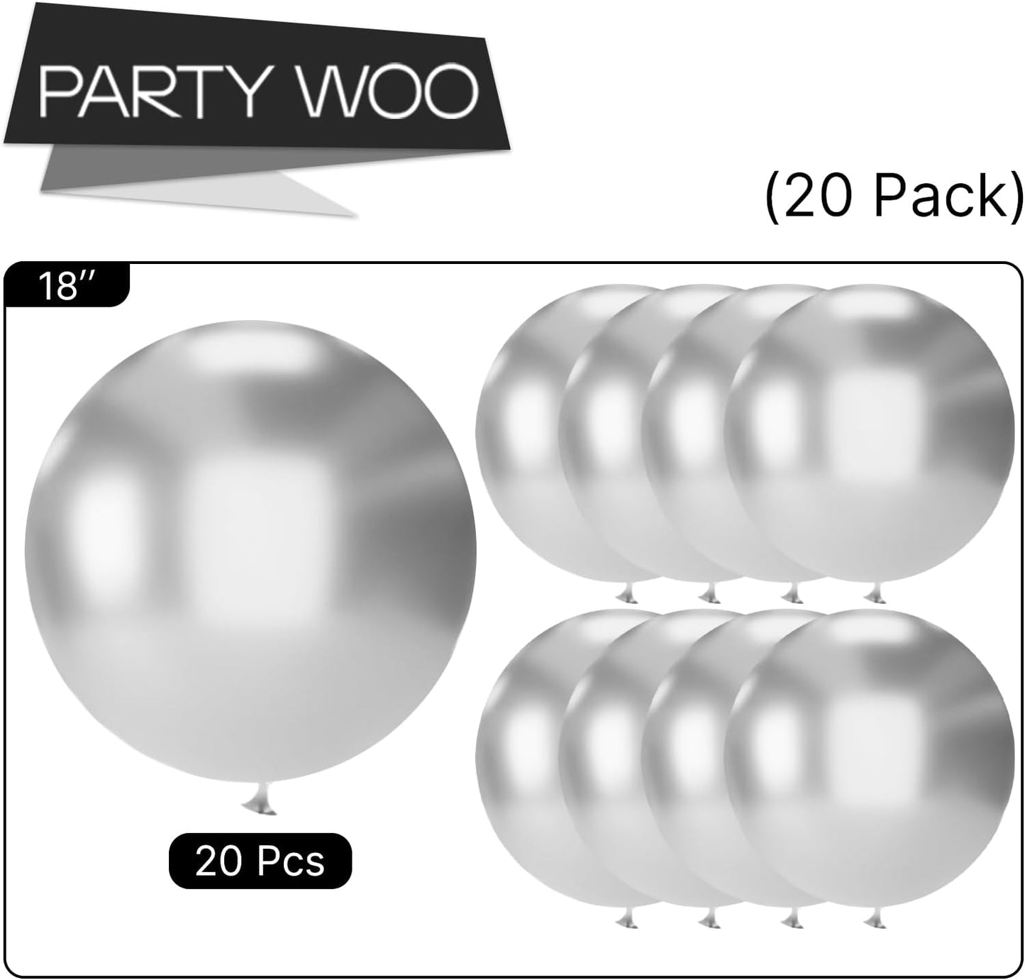 PartyWoo Metallic Silver Balloons 20 pcs 18 Inch Large Big Jumbo Giant Chrome Silver Latex Helium Balloons or Graduation New Year Wedding Baby Shower Birthday Party Decorations Silver-G102