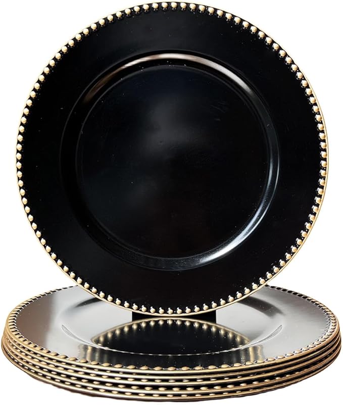 Black Charger Plates with Beaded Rim, 13" Round Charger for Dinner Plates, Set of 6 Plastic Plate Chargers for Halloween, Table Setting, Party Decoration.